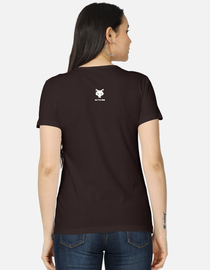 Alpha Hue women's graphic t-shirt black classic fit with small logo on back worn by woman