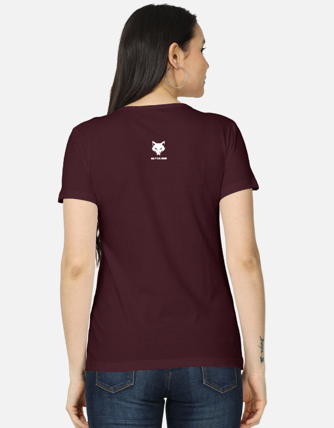 Alpha Hue women's graphic t-shirt in maroon shown from the back on a model wearing jeans