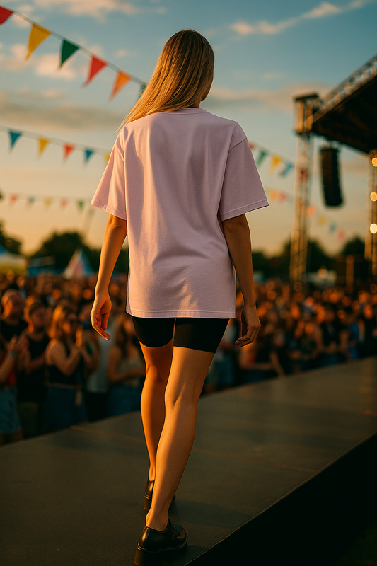 Woman wearing a light purple women oversized t-shirt walking on outdoor stage with a crowd in the background