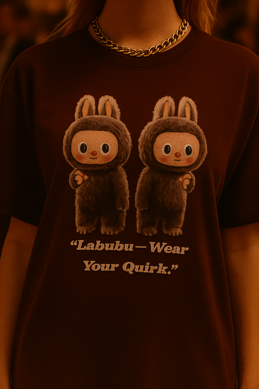 ALPHA HUE women oversized t-shirt in brown with cute Labubu character graphic and text design