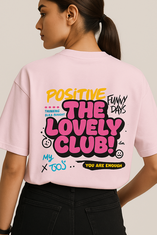 ALPHA HUE women oversized t-shirt in pink with colorful positive graphic text on the back