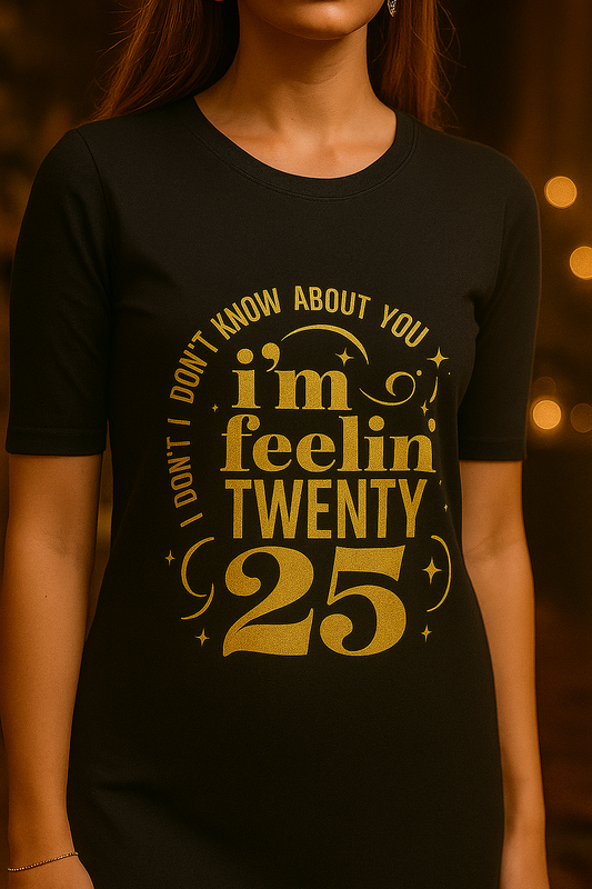 ALPHA HUE women's t-shirt dress in black with gold text graphic I'm feelin twenty 25