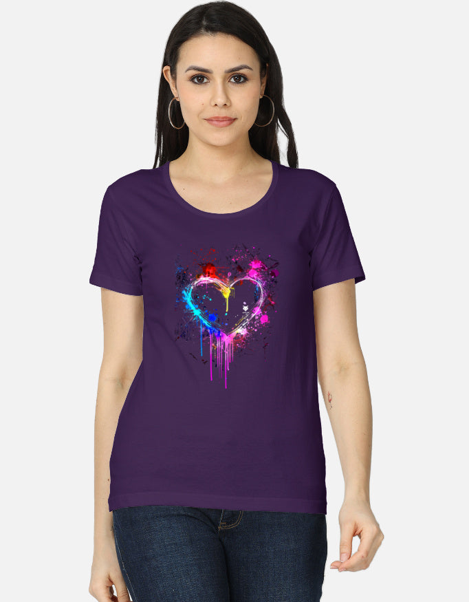 Alpha Hue women's classic t-shirt in purple with colorful heart graphic print