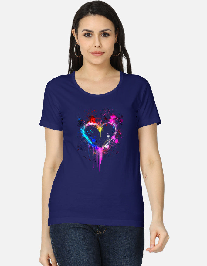 alpha hue women's classic t-shirt in navy blue with colorful heart graphic design