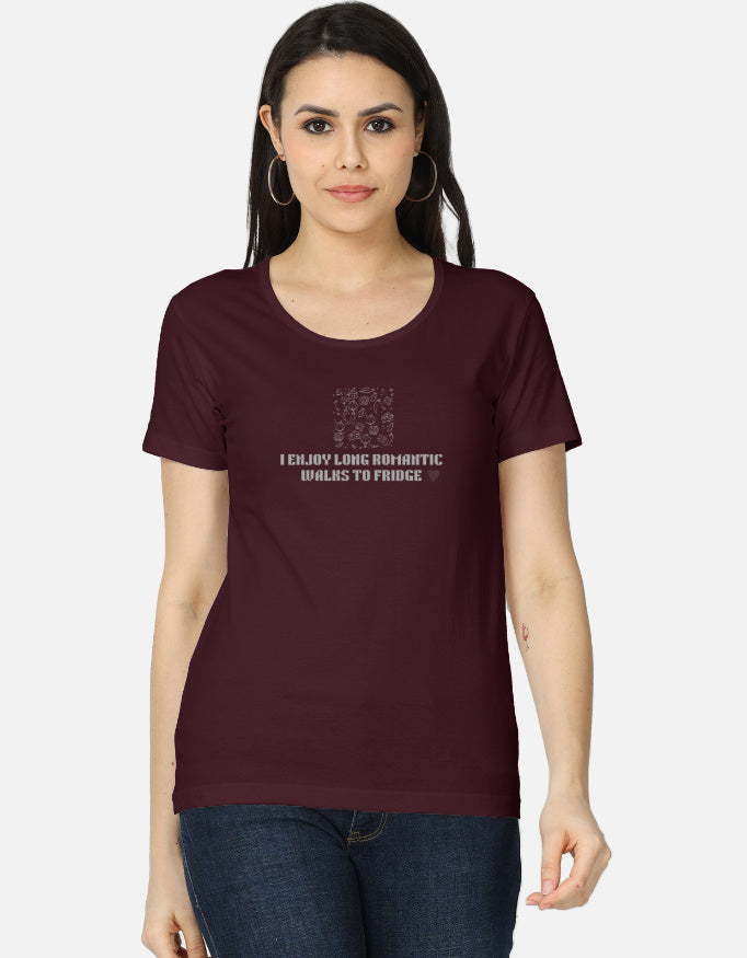 Alpha Hue women's everyday wear t-shirt in burgundy with romantic walk text design