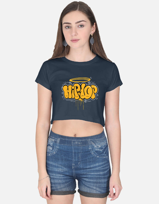 Alpha hue women's graphic crop top navy blue with yellow hip hop design styled with denim shorts