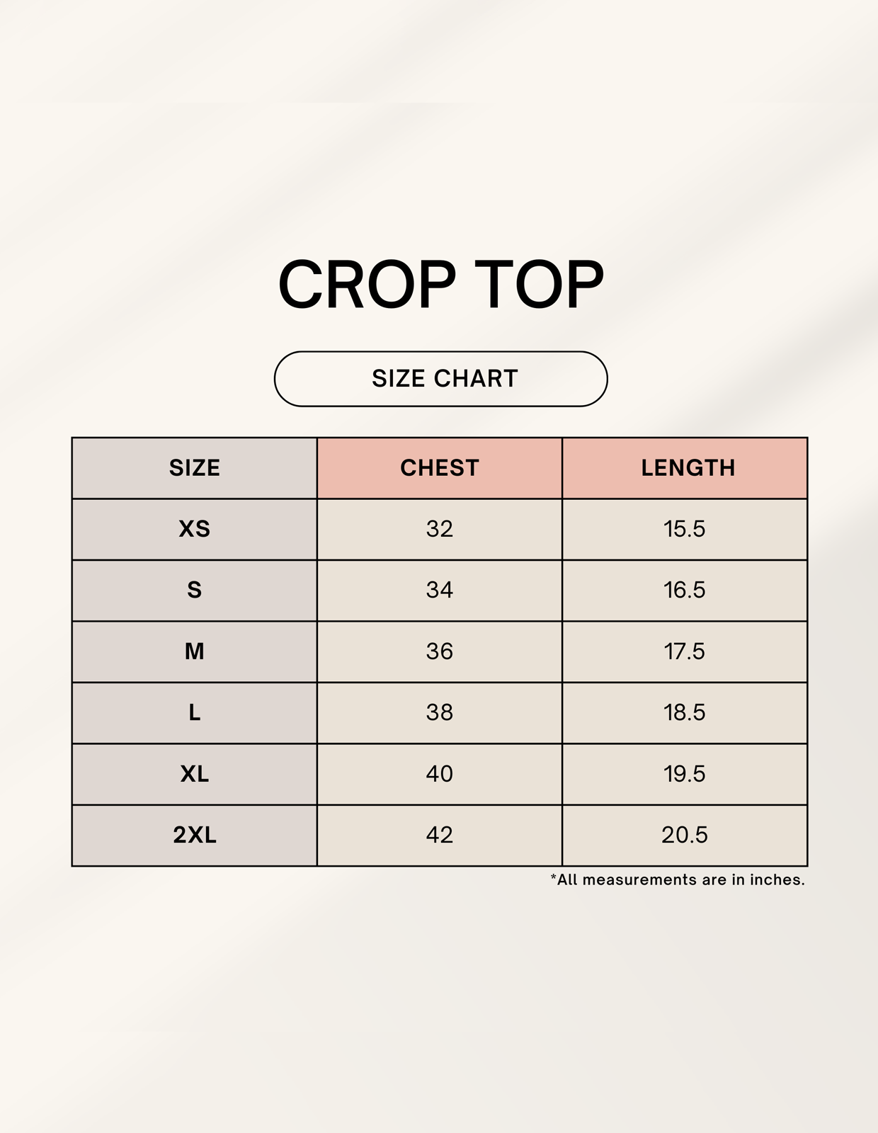 Size chart for women's graphic crop top by alpha hue showing chest and length measurements in inches