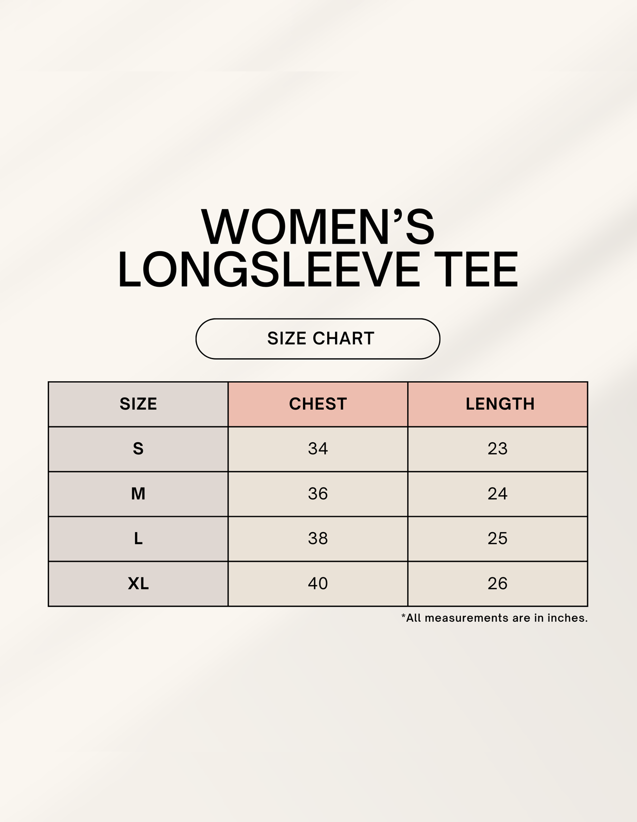 Size chart for women’s long sleeve tee showing chest and length measurements in inches