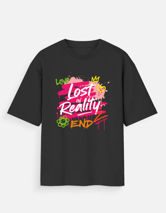ALPHA HUE women's oversized t-shirt in black with colorful graffiti text design Lost in Reality