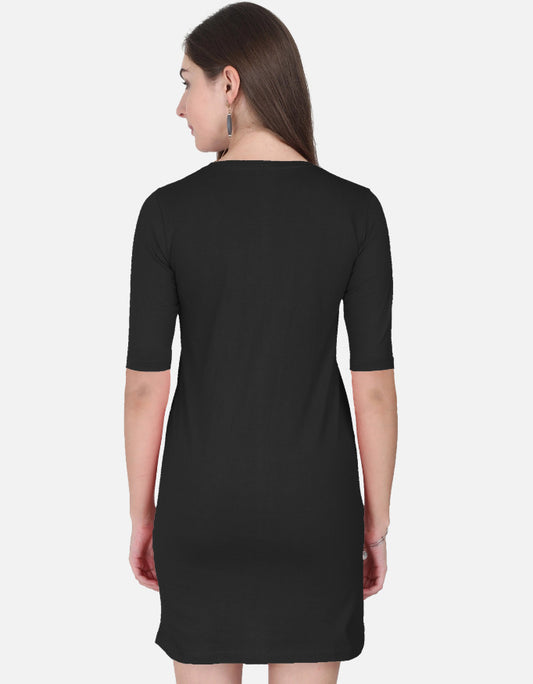 Back view of a woman wearing a black ALPHA HUE women's t-shirt dress with elbow-length sleeves