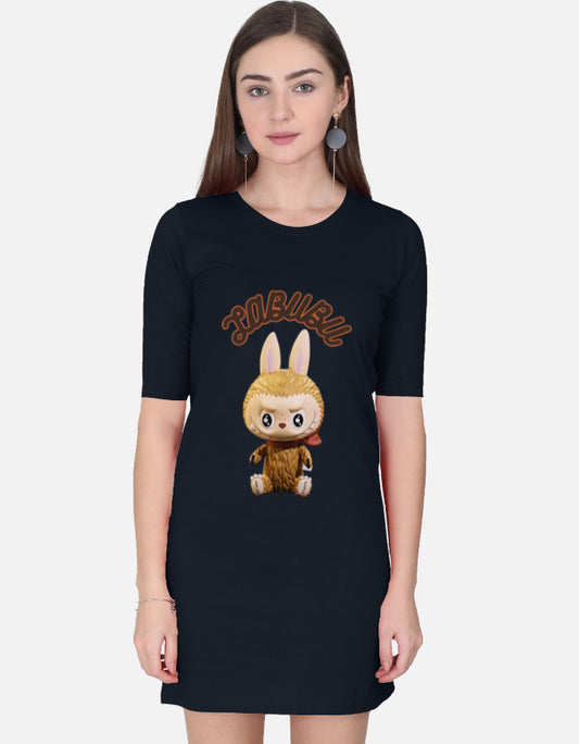 ALPHA HUE women's t-shirt dress in black with cartoon bunny graphic and half sleeves
