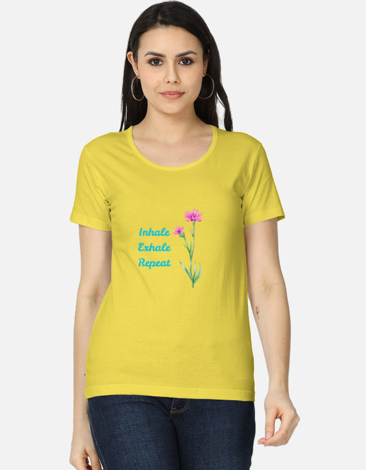 yellow ladies t-shirt with flower graphic and inhale exhale repeat text by alpha hue