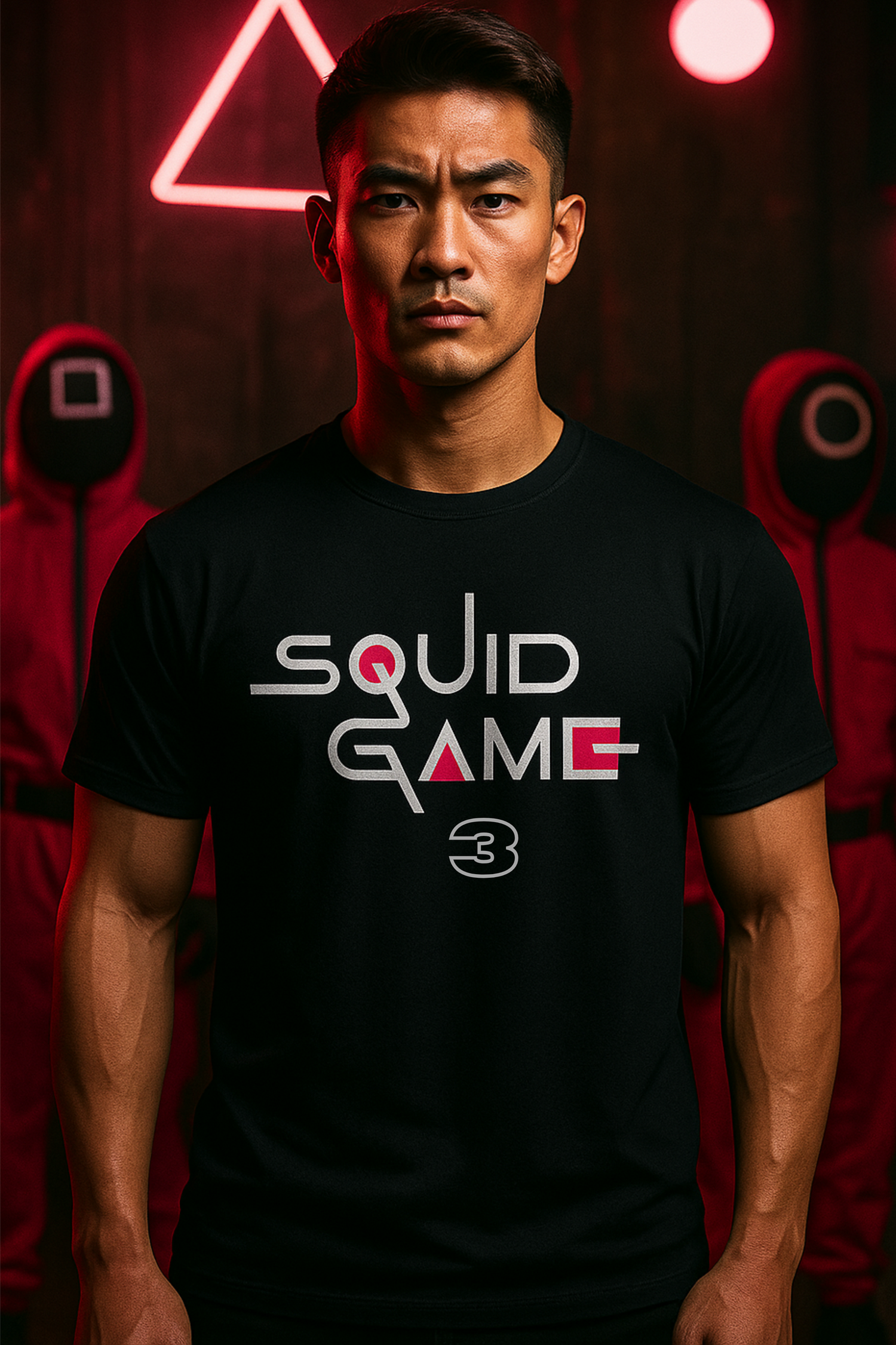 Man wearing a limited edition Squid Game shirt with bold graphic design from Alpha Hue Squid Game 3 Collection