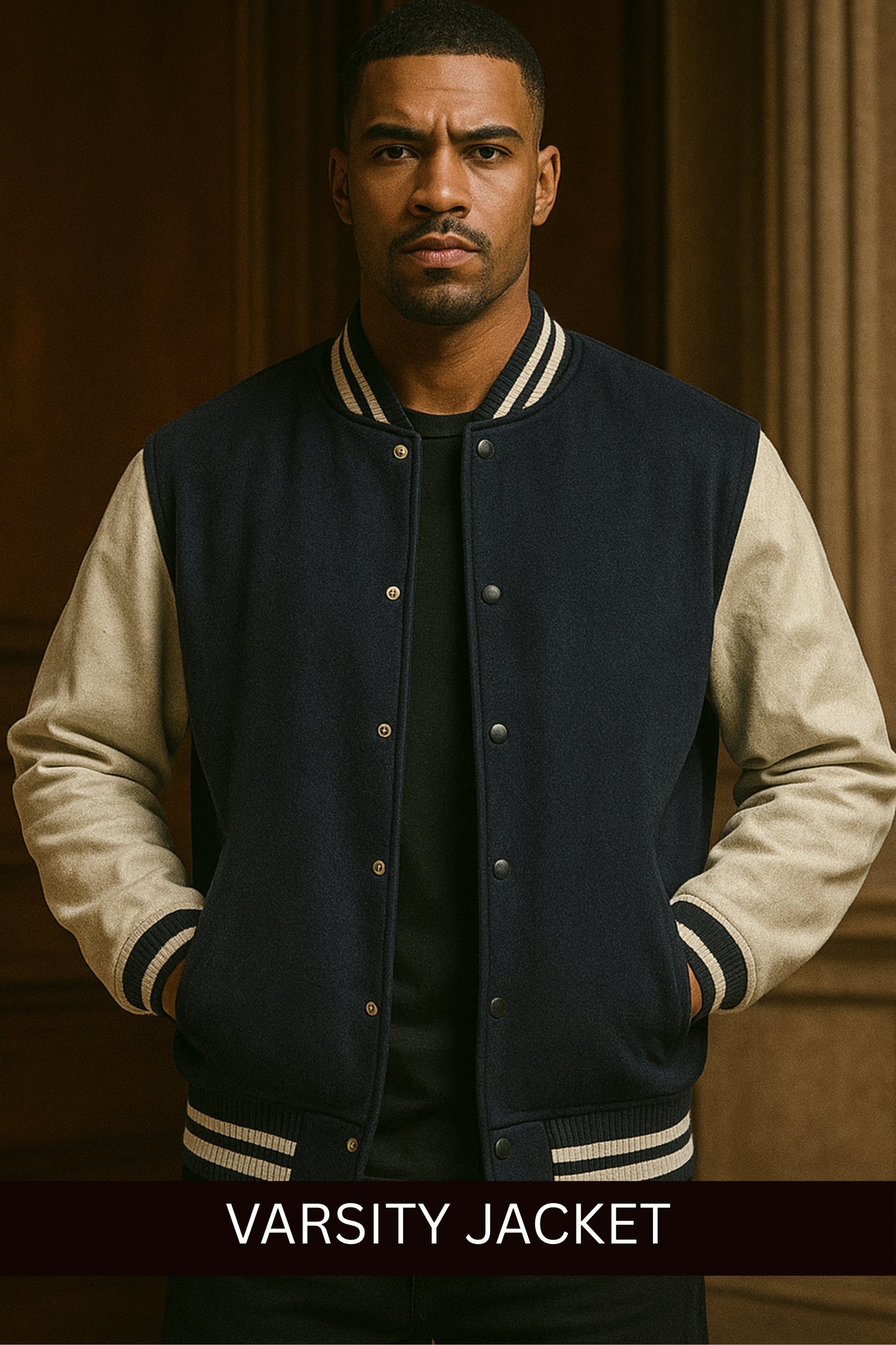 Man wearing a classic men's varsity jacket with navy body and beige sleeves in a stylish indoor setting