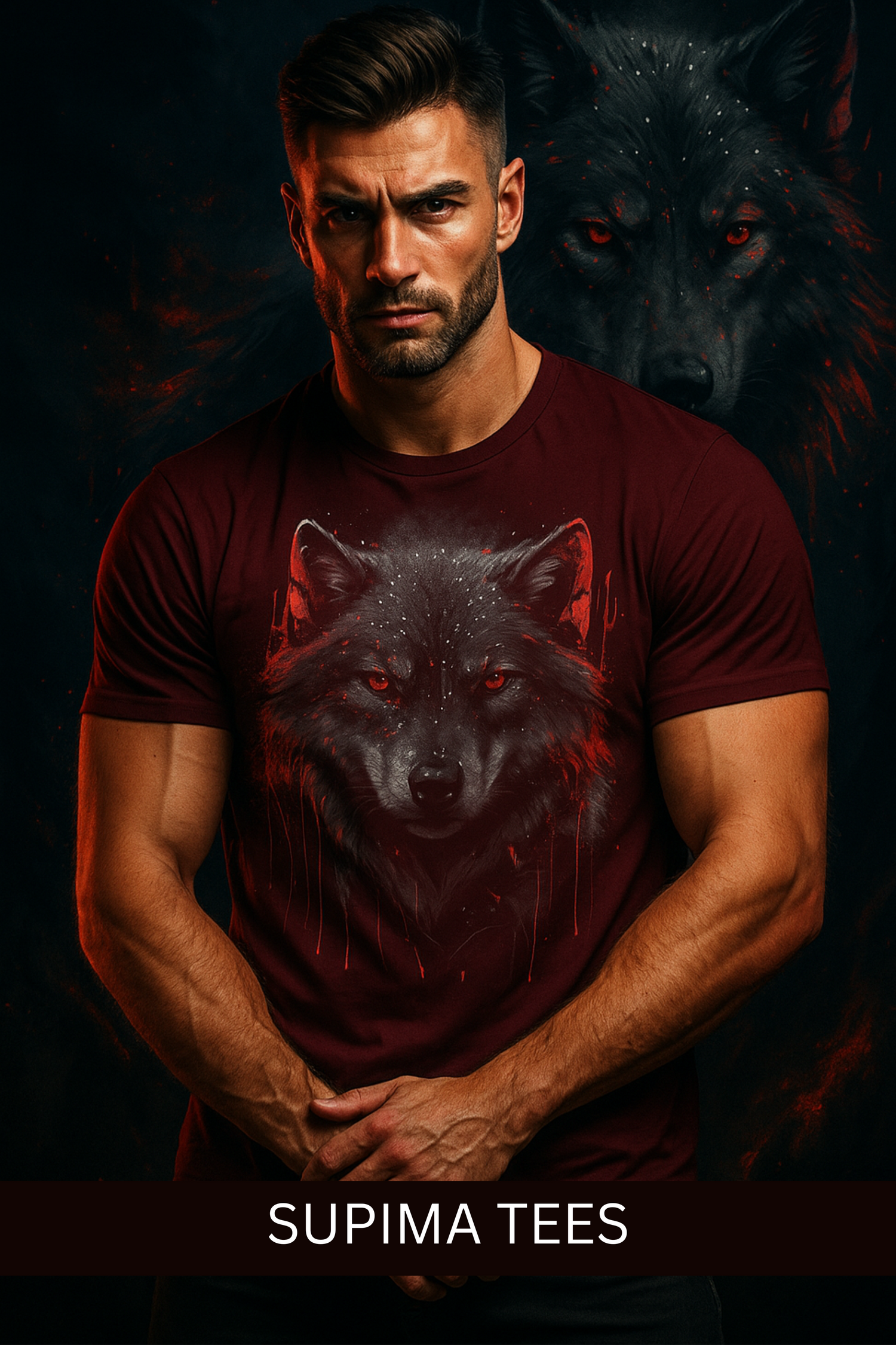 Man wearing a maroon men's Supima cotton t-shirts with a detailed wolf graphic design