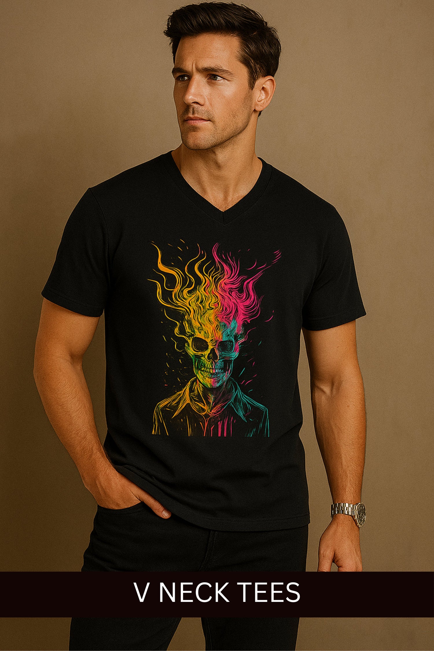 Men's v neck t shirts collection featuring a black tee with colorful skull graphic in breathable soft fabric