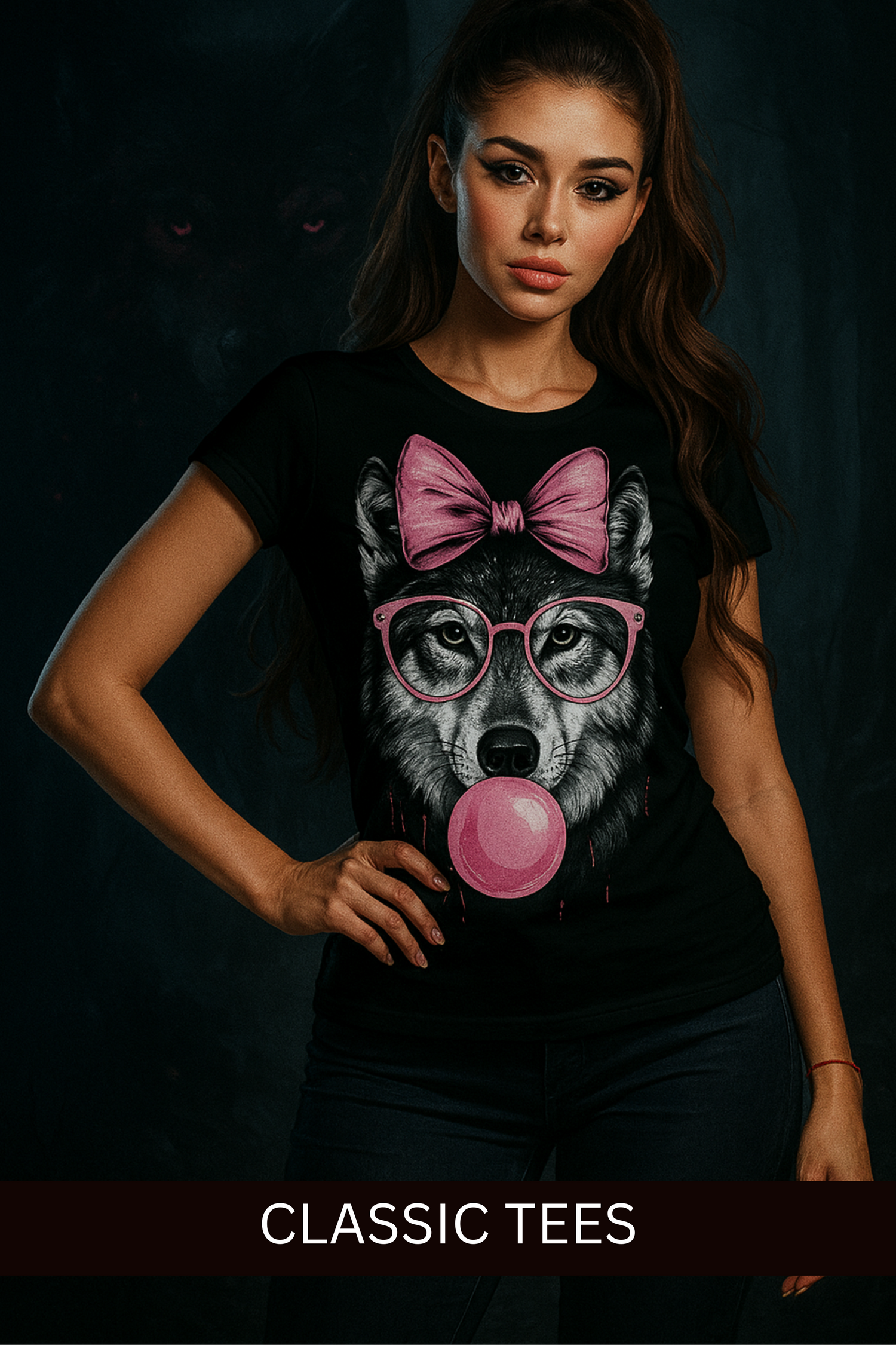 Woman wearing stylish wolf print t-shirts from Alpha Hue Summer Collection with pink glasses and bow design