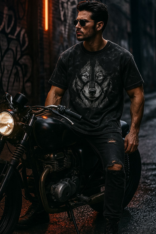 Men acid washed oversized t shirt men by ALPHA HUE with wolf graphic worn by man sitting on motorcycle