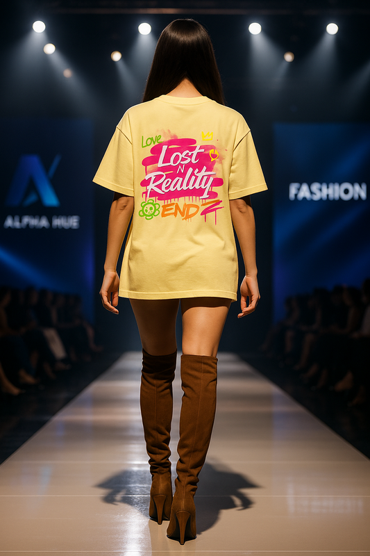Woman modeling ALPHA HUE casual oversized shirt with print in yellow on runway with brown boots