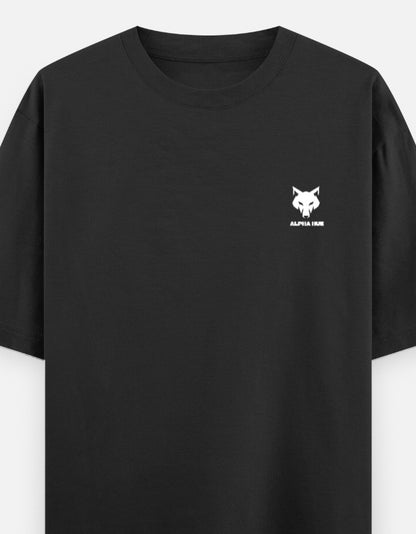 Black men's oversized graphic t-shirt by alpha hue featuring a white wolf logo on the chest