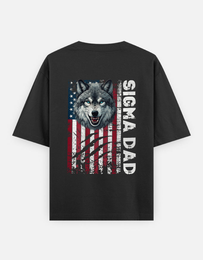 Alpha Hue men's oversized graphic t-shirt in black with wolf and American flag design and Sigma Dad text