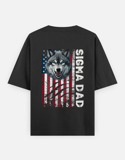Alpha Hue men's oversized graphic t-shirt in black with wolf and American flag design and Sigma Dad text