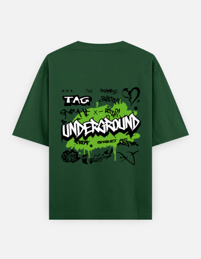 Alpha Hue men's oversized graphic t-shirt in green with black and white underground graffiti print