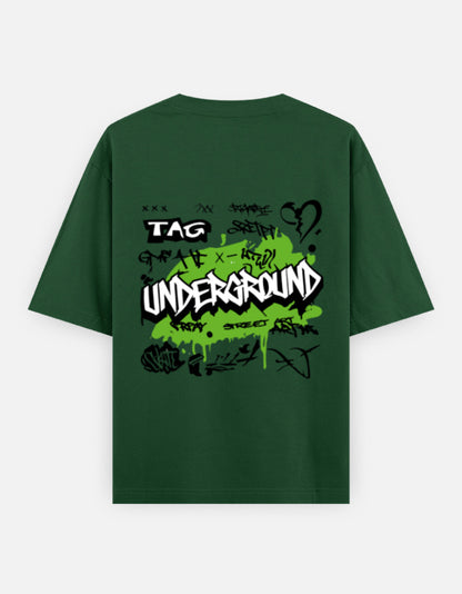 Alpha Hue men's oversized graphic t-shirt in green with black and white underground graffiti print