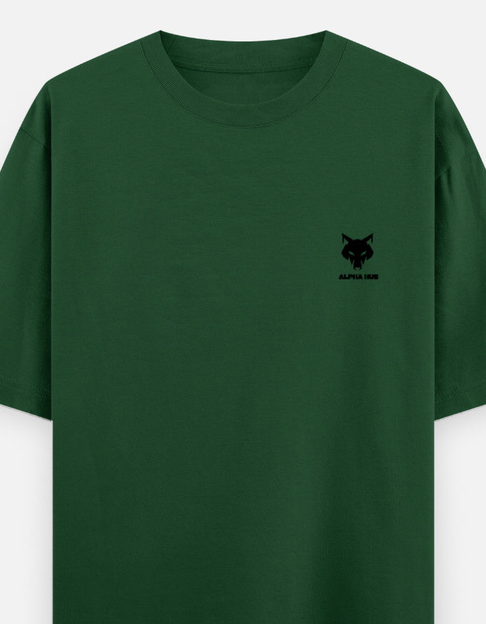 Alpha Hue men's oversized graphic t-shirt in dark green with small black logo on chest
