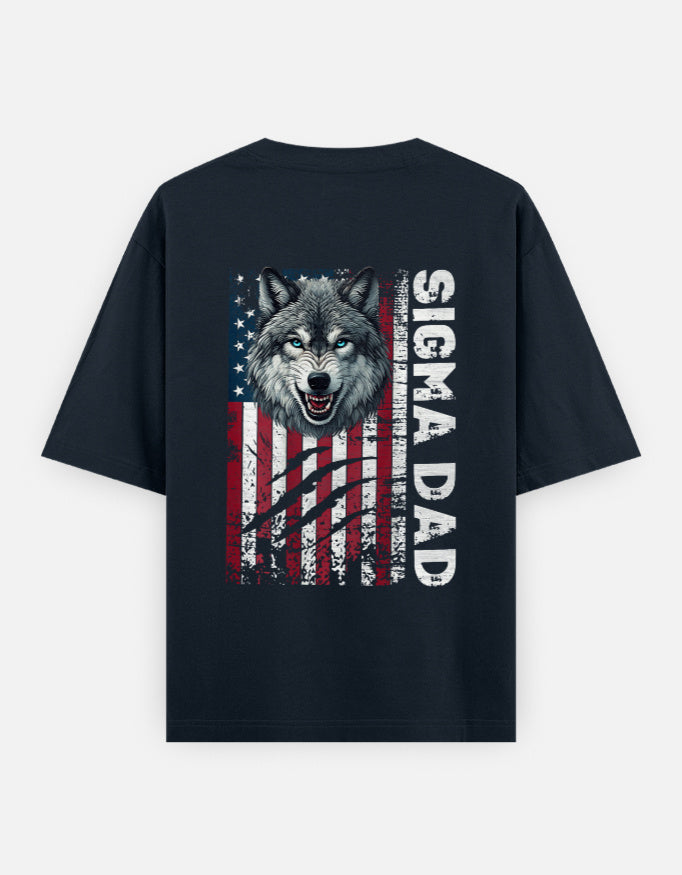 Alpha Hue men's oversized graphic t-shirt in black with Sigma Dad wolf and distressed American flag design