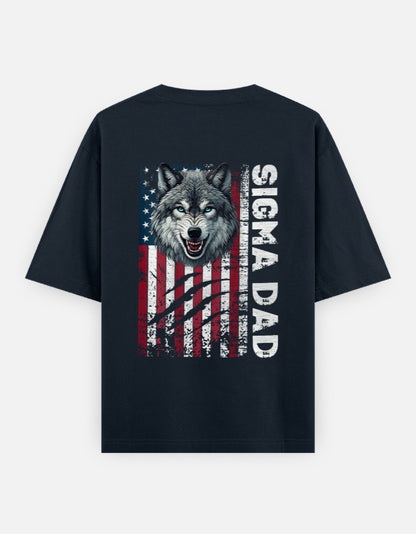 Alpha Hue men's oversized graphic t-shirt in black with Sigma Dad wolf and distressed American flag design