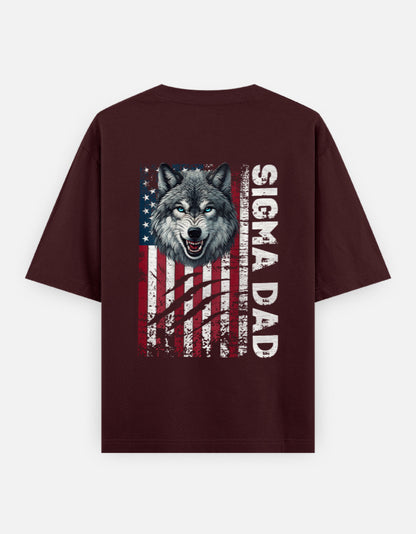 Men's oversized graphic t-shirt in maroon with Sigma Dad wolf and American flag print on back