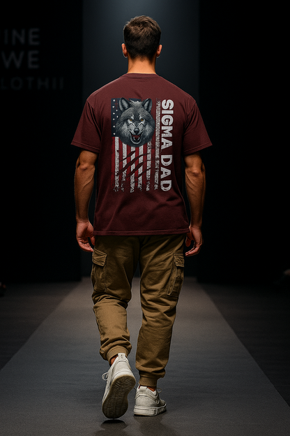 Alpha Hue men's oversized graphic t-shirt in maroon featuring Sigma Dad wolf and American flag design