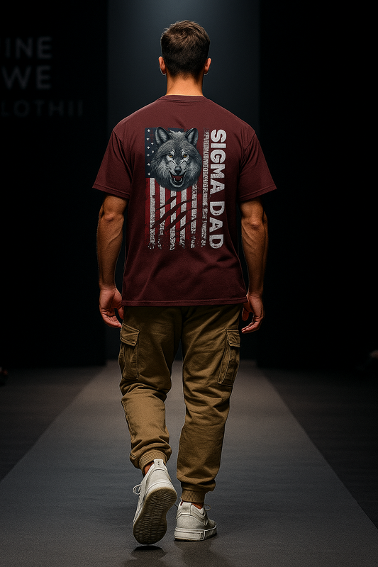 Alpha Hue men's oversized graphic t-shirt in maroon featuring Sigma Dad wolf and American flag design
