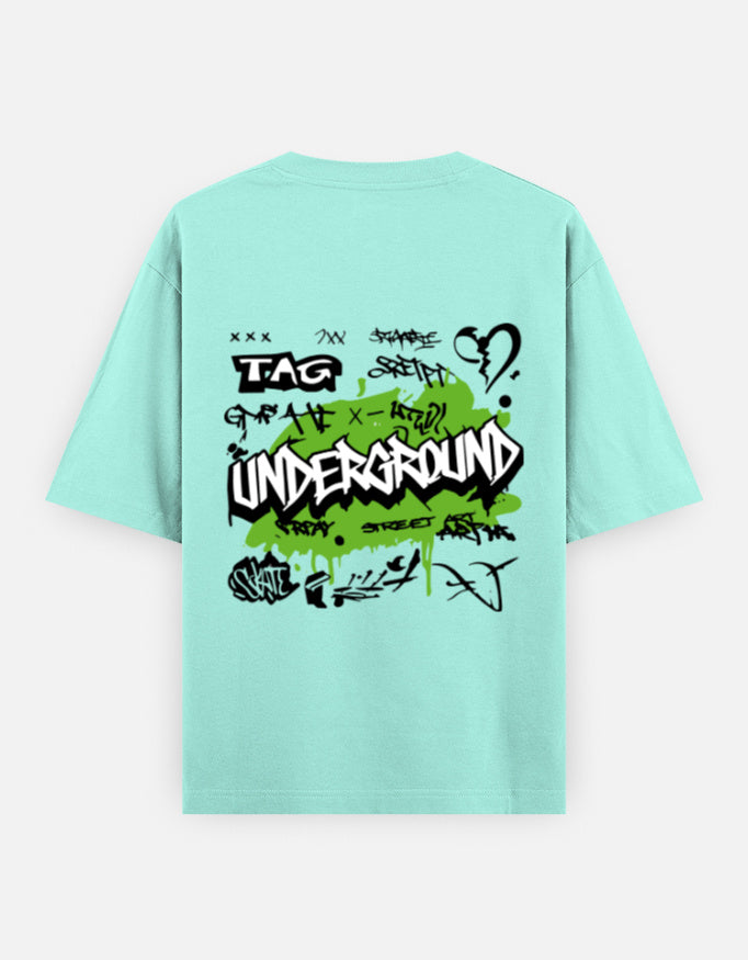 Alpha hue men's oversized graphic t-shirt in light blue with underground graffiti design on the back
