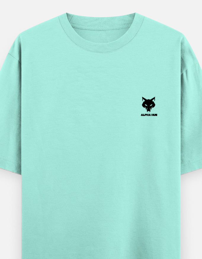 Alpha Hue men's oversized graphic t-shirt in light teal with small black wolf logo on chest