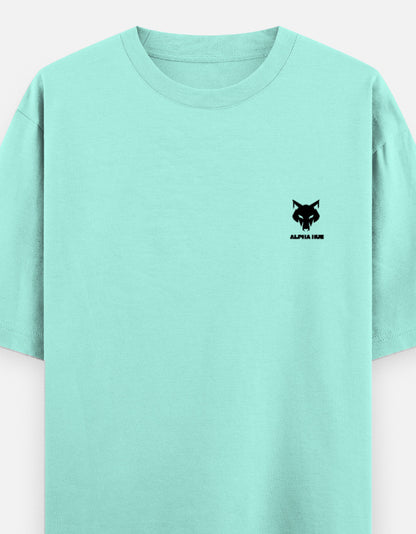 Alpha Hue men's oversized graphic t-shirt in light teal with small black wolf logo on chest