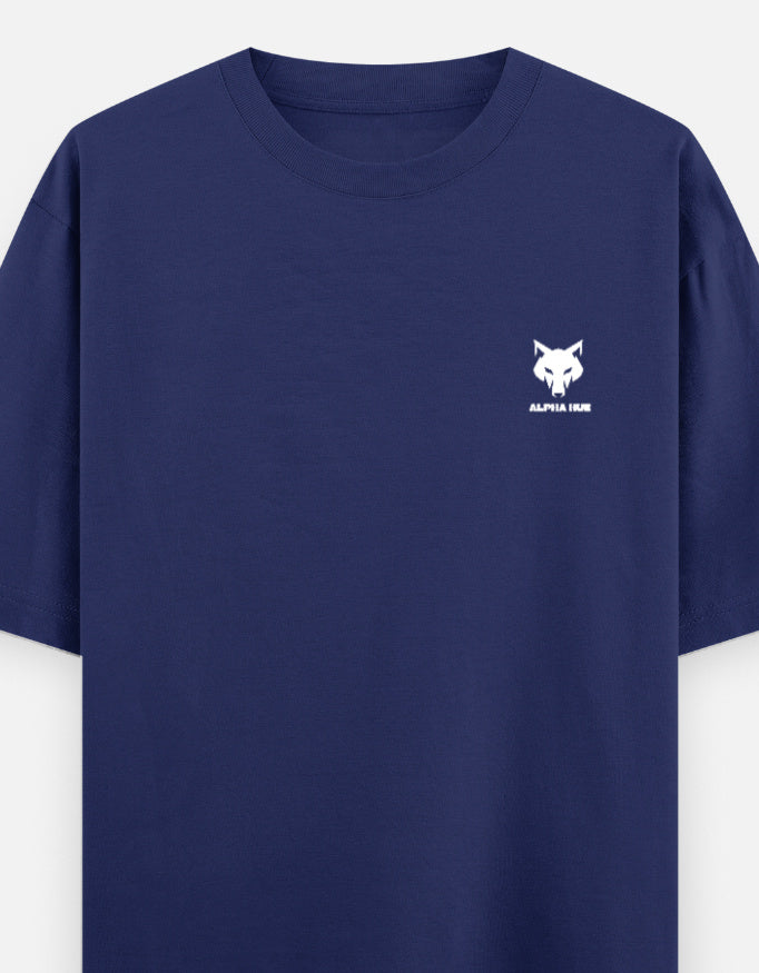 Alpha Hue navy blue men's oversized graphic t-shirt with small white wolf logo on chest