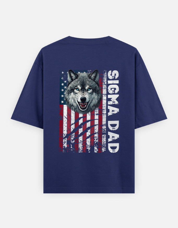 Alpha Hue men's oversized graphic t-shirt in navy with Sigma Dad wolf and American flag design