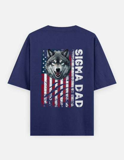 Alpha Hue men's oversized graphic t-shirt in navy with Sigma Dad wolf and American flag design