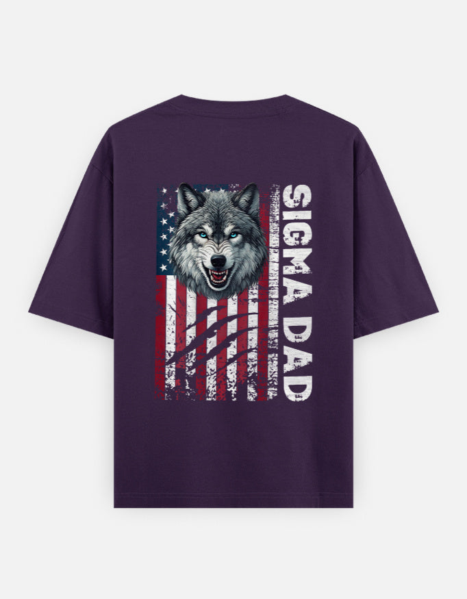 Alpha Hue men's oversized graphic t-shirt in purple with Sigma Dad wolf and American flag design