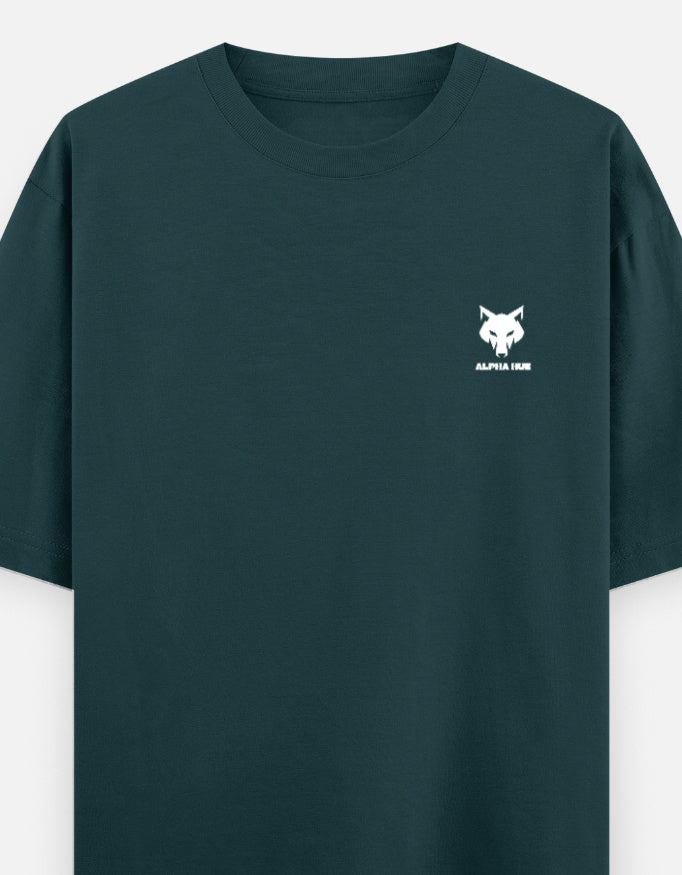 Alpha Hue men’s oversized graphic t-shirt in dark green with white wolf logo on chest