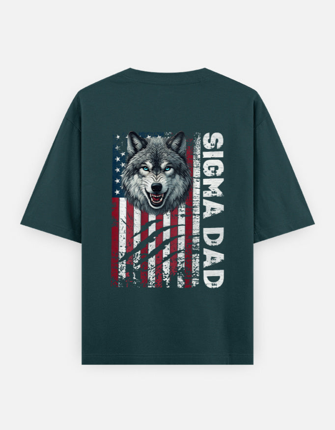 Men's oversized graphic t-shirt with Sigma Dad wolf and American flag design on back