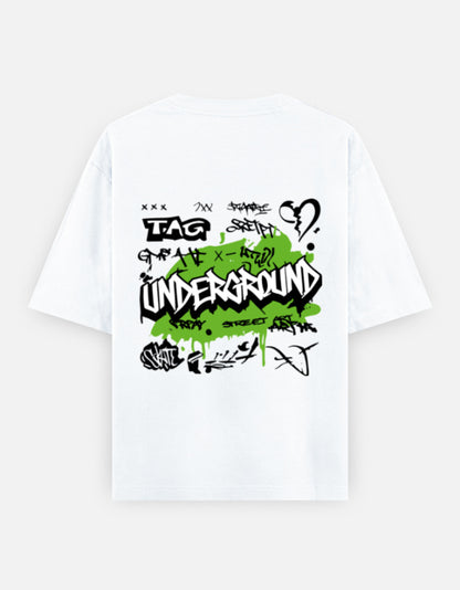 Alpha hue men's oversized graphic t-shirt in white with green and black underground graffiti design on back