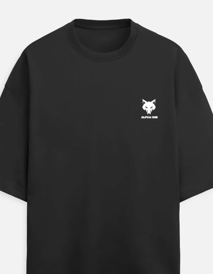Alpha Hue black men's oversized graphic tee with white wolf logo on chest in terry fabric