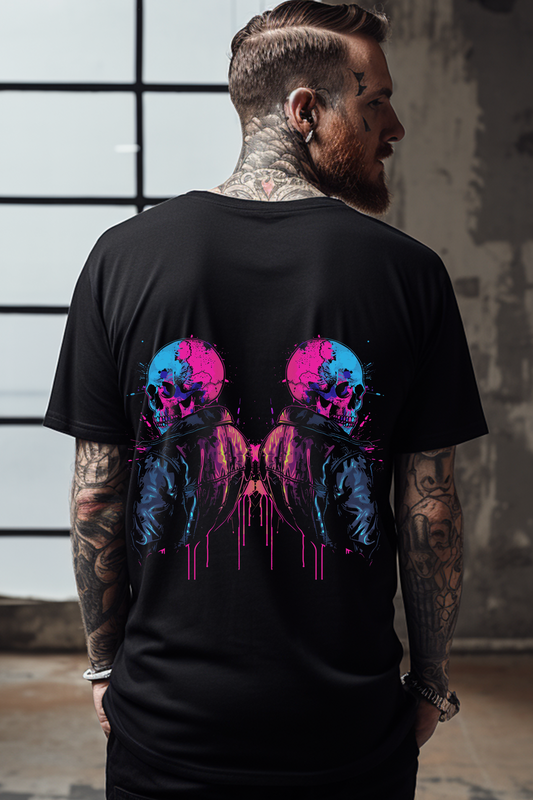 Alpha hue men's oversized graphic tee in black with vibrant blue and pink skull and biker design on back