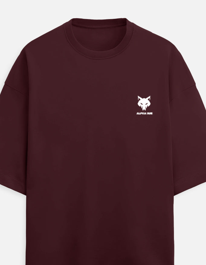 Alpha Hue maroon men's oversized graphic tee with small white wolf logo on chest