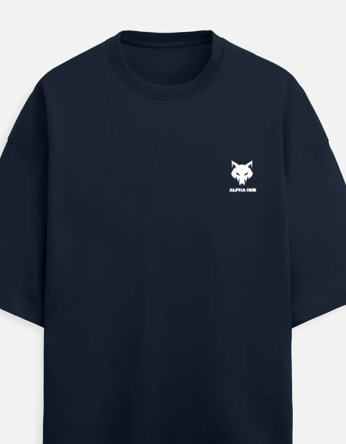 Alpha Hue navy men's oversized graphic tee with small white wolf logo on chest in terry fabric