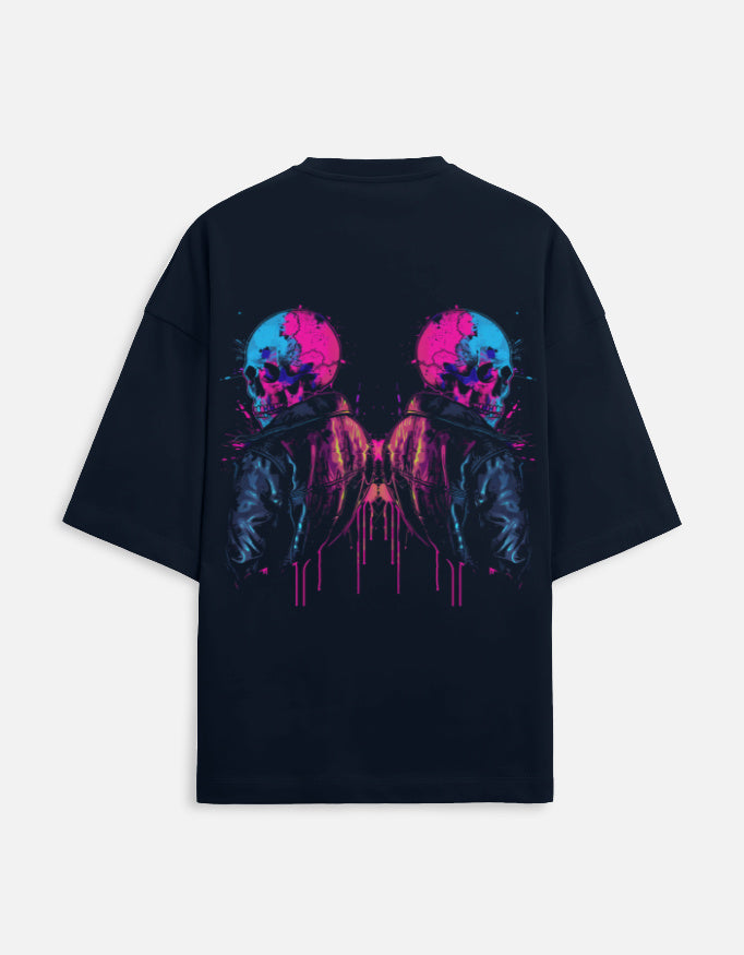 Alpha hue men’s oversized graphic tee in black with vibrant skull and bird artwork on the back