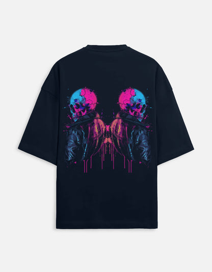 Alpha hue men’s oversized graphic tee in black with vibrant skull and bird artwork on the back